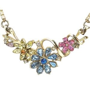Vintage Corocraft Necklace‎ Rhinestone Flowers Pastel Floral Signed Jewelry